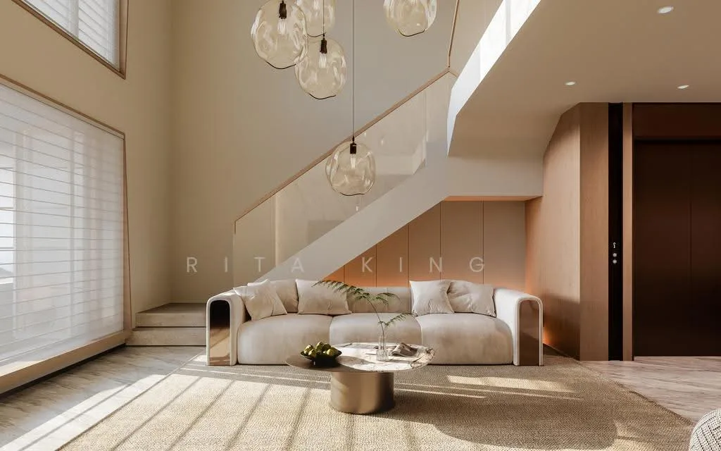 Double-height living room with staircase and private lift in the brand new inter-terrace house at Jalan Bangsawan, Opera Estate, Singapore
