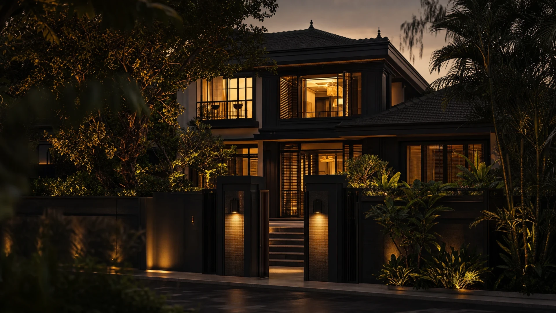 Elegant Singapore landed home at dusk